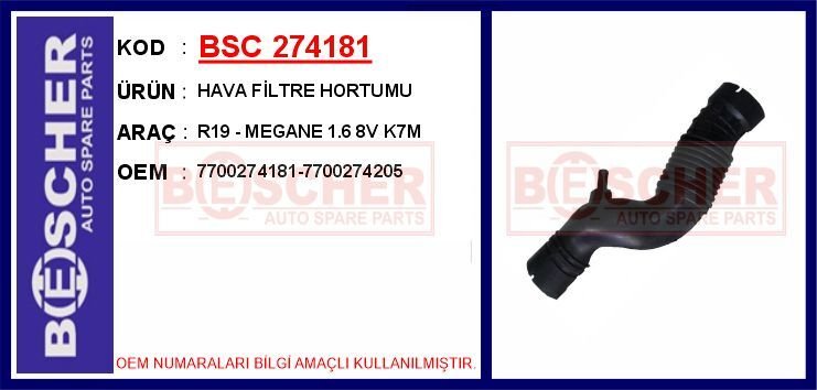 HAVA FİLTRE HORTUMU R19 - MEGANE 1.6 8V K7M | OEM:7700274181-7700274205