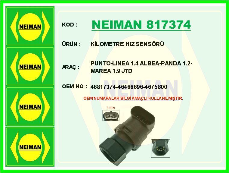 KİLOMETRE HIZ SENSÖRÜ PUNTO-LINEA 1.4 ALBEA-PANDA 1.2-MAREA 1.9 JTD | OEM:46817374-46466696-4675800