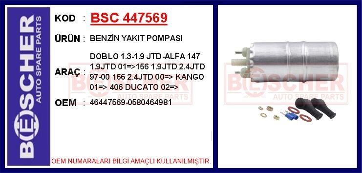 BENZİN YAKIT POMPASI DOBLO 1.3-1.9 JTD-ALFA 147 1.9JTD 01 >156 1.9JTD 2.4JTD 97-00 166 2.4JTD 00 > K | OEM:46447569-0580464981