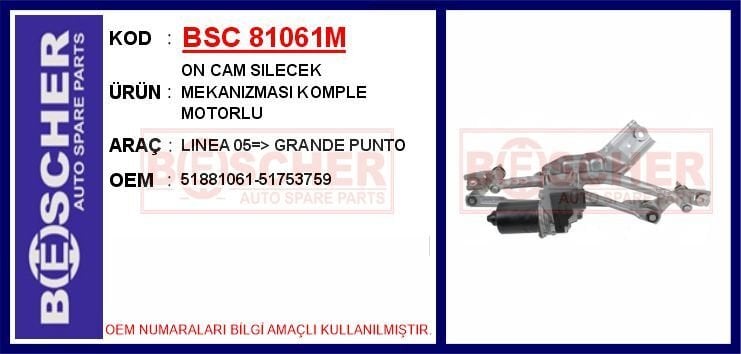 ÖN CAM SİLECEK MEKANİZMASI MOTORLU FIAT LINEA 09> GRANDE PUNTO 05> PUNTO EVO 09> | OEM:51881061-51753759