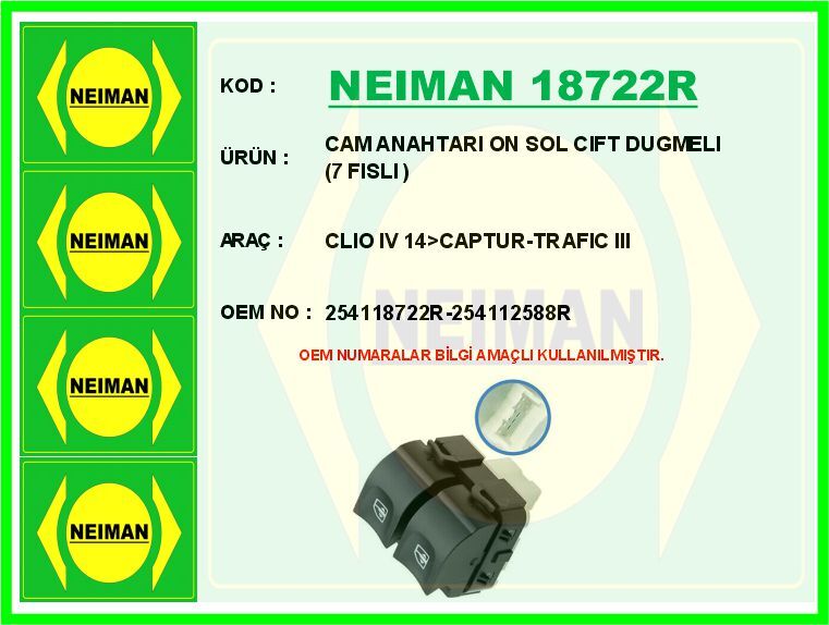 CAM ANAHTARI ON SOL CIFT DUGMELI 7 FISLI CLIO IV 14>CAPTUR-TRAFIC III | OEM:254118722R-254112588R