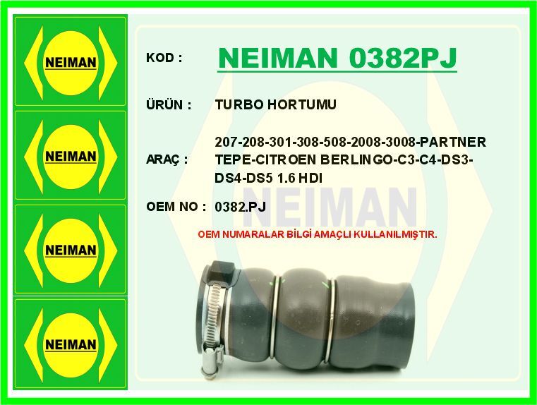 TURBO HORTUMU 207-208-301-308-508-2008-3008-PARTNER TEPE-CITROEN BERLINGO-C3-C4-DS3-DS4-DS5 1.6 HDI | OEM:0382.PJ