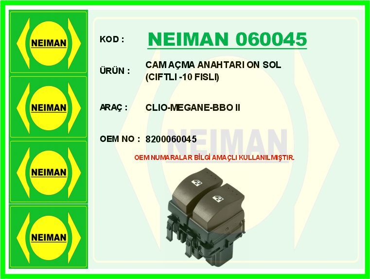 CAM AÇMA ANAHTARI ON SOL CIFTLI -10 FISLI CLIO-MEGANE-BBO II | OEM:8200060045