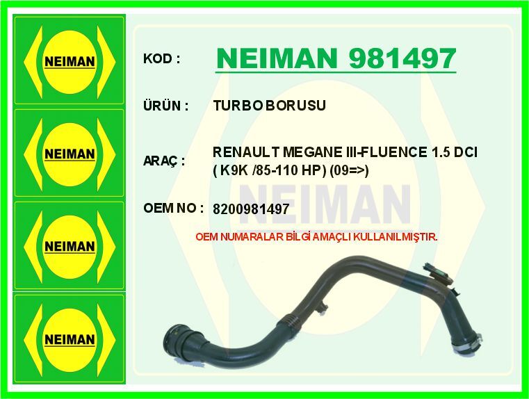 TURBO BORUSU MEGANE III 09> SCENIC III 09> FLUENCE 09> 1.5dCi | OEM:8200981497