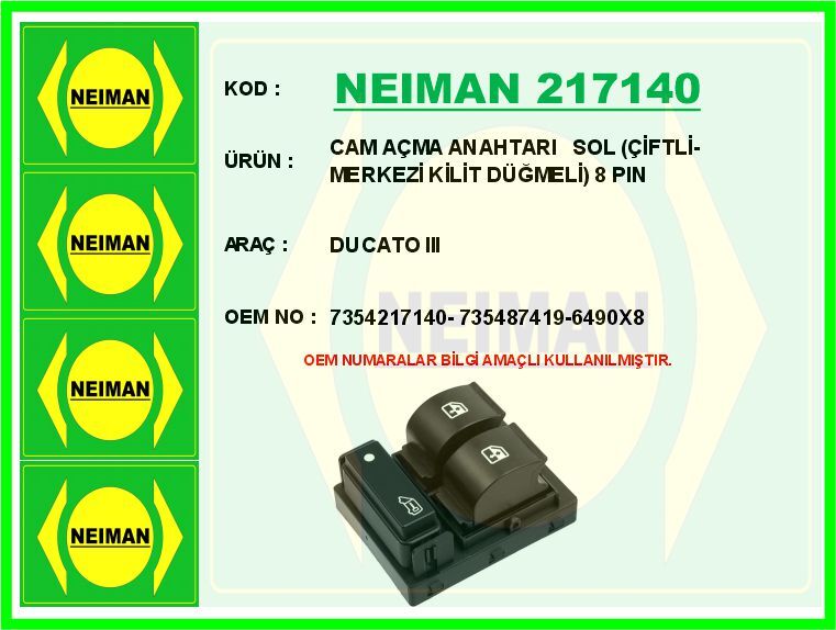 CAM AÇMA ANAHTARI DUCATO III SOL ÇİFTLİ-MERKEZİ KİLİT DÜĞMELİ 8 PIN | OEM:7354217140-735487419-6490X8