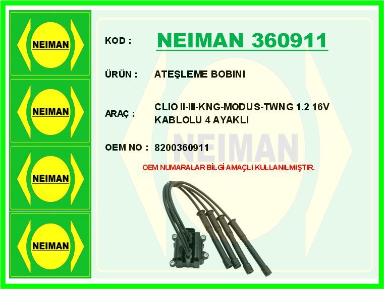 ATEŞLEME BOBINI CLIO II-III-KNG-MODUS-TWNG 1.2 16V KABLOLU 4 AYAKLI | OEM:8200360911