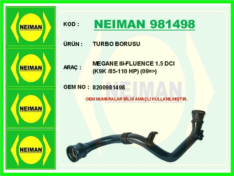 TURBO BORUSU RENAULT MEGANE III 09> FLUENCE 09> 1.5dCi K9K 85-110 PS | OEM:8200981498