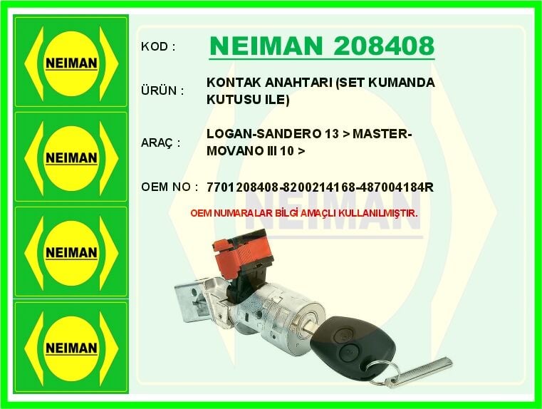 KONTAK ANAHTARI SET KUMANDA KUTUSU ILE LOGAN-SANDERO 13 > MASTER-MOVANO III 10 > | OEM:7701208408-8200214168-487004184R