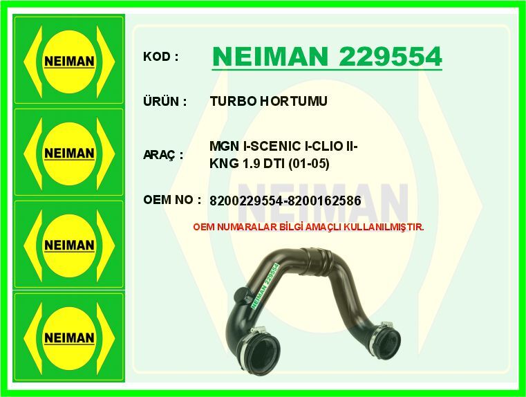 TURBO HORTUMU MGN I-SCENIC I-CLIO II-KNG 1.9 DTI 01-05 | OEM:8200229554-8200162586