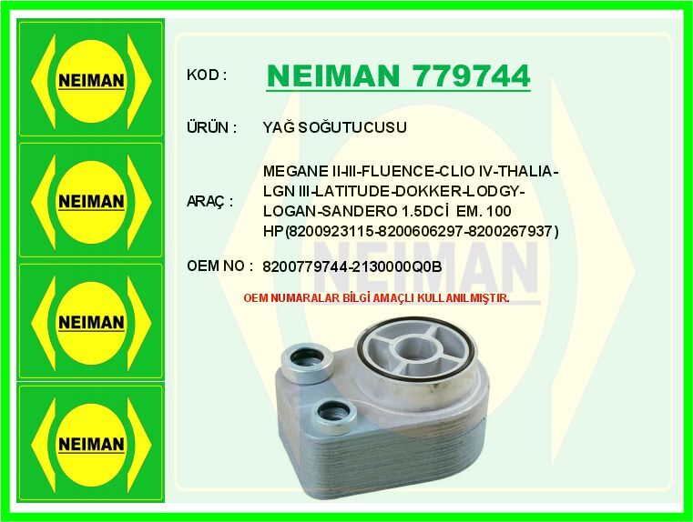 YAĞ SOĞUTUCUSU MEGANE II-III-FLUENCE-CLIO IV-THALIA-LGN III-LATITUDE-DOKKER-LODGY-LOGAN-SANDERO 1.5D | OEM:8200779744-2130000Q0B