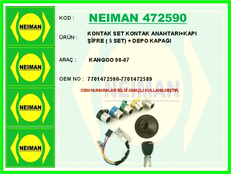 KONTAK SET KONTAK ANAHTARI KAPI ŞİFRE 5 SET DEPO KAPAĞI KANGOO 98-07 | OEM:7701472590-7701472589