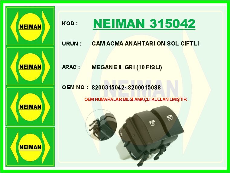 CAM ACMA ANAHTARI ON SOL CIFTLI MEGANE II GRI 10 FISLI | OEM:8200315042-8200015088