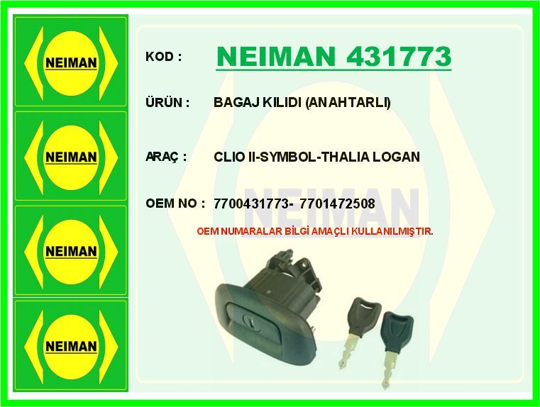 BAGAJ KILIDI ANAHTARLI CLIO II-SYMBOL-THALIA LOGAN | OEM:7700431773-7701472508