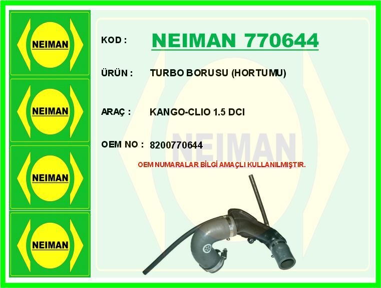 TURBO BORUSU HORTUMU KANGO-CLIO 1.5 DCI | OEM:8200770644