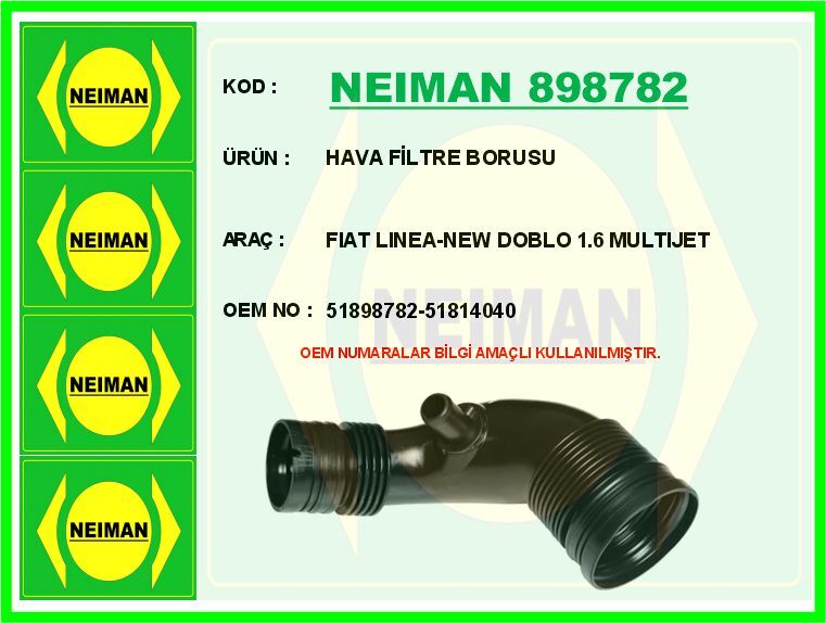 HAVA FİLTRE BORUSU FIAT LINEA-NEW DOBLO 1.6 MULTIJET | OEM:51898782-51814040