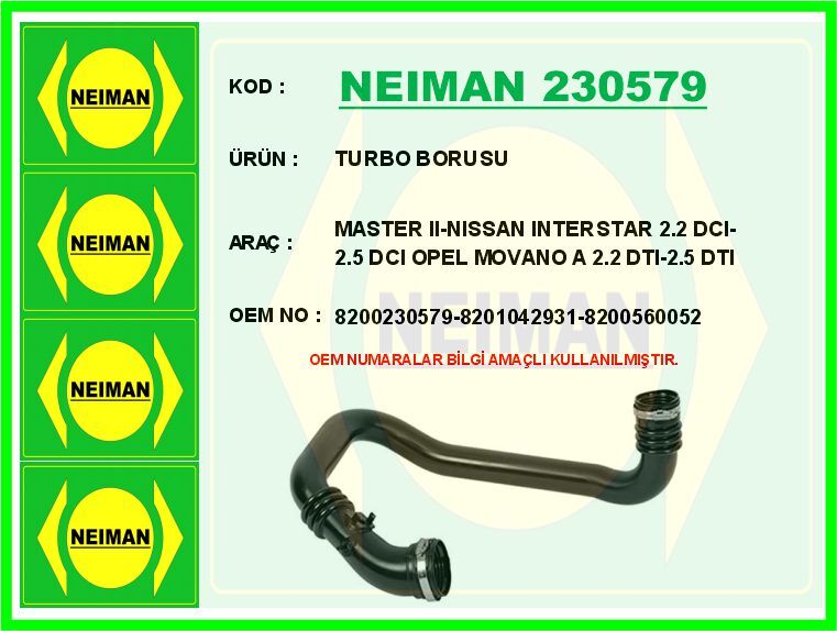 TURBO BORUSU MASTER II-NISSAN INTERSTAR 2.2 DCI-2.5 DCI OPEL MOVANO A 2.2 DTI-2.5 DTI | OEM:8200230579-8201042931-8200560052