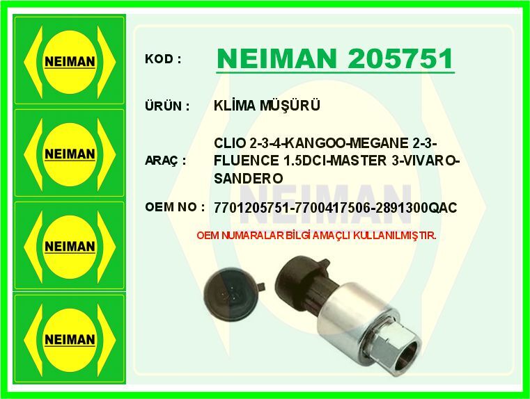 KLİMA MÜŞÜRÜ CLIO 2-3-4-KANGOO-MEGANE 2-3-FLUENCE 1.5DCI-MASTER 3-VIVARO-SANDERO | OEM:7701205751-7700417506-2891300QAC