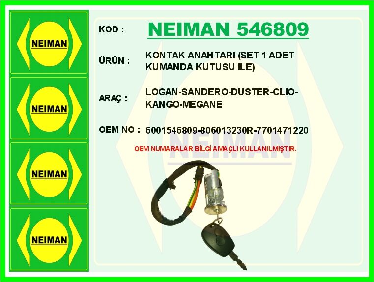 KONTAK ANAHTARI SET 1 ADET KUMANDA KUTUSU ILE LOGAN-SANDERO-DUSTER-CLIO-KANGO-MEGANE | OEM:6001546809-806013230R-7701471220