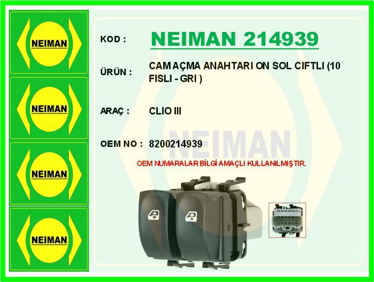 CAM AÇMA ANAHTARI ON SOL CIFTLI 10 FISLI - GRI CLIO III | OEM:8200214939