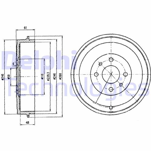 ARKA FREN KAMPANASI FIAT ALBEA 00> DOBLO 01> FIORINO 09> LINEA 09> MAREA 00> TEMPRA 92>96 TIPO 90>95 UNO 98>06 PEUGEOT BIPPER 08> CITROEN NEMO 08> 228.2 mm 4 Delik | OEM:60814839-7769850-4247.55-52015299