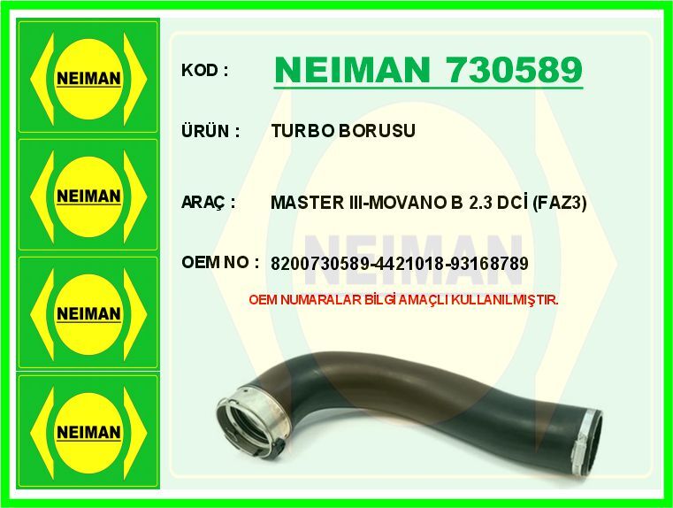 TURBO BORUSU MASTER III-MOVANO B 2.3 DCİ FAZ3 | OEM:8200730589-4421018-93168789