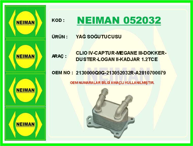YAĞ SOĞUTUCUSU CLIO IV-CAPTUR-MEGANE III-DOKKER-DUSTER-LOGAN II-KADJAR 1.2TCE | OEM:2130000Q0G-213052032R-A2810700079