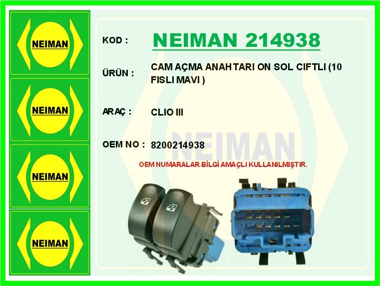 CAM AÇMA ANAHTARI ON SOL CIFTLI 10 FISLI MAVI CLIO III | OEM:8200214938