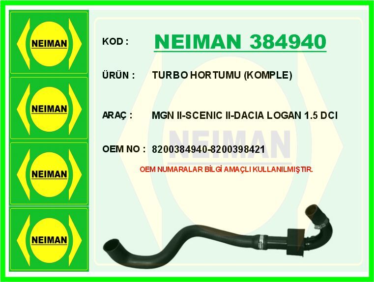 TURBO HORTUMU KOMPLE MGN II-SCENIC II-DACIA LOGAN 1.5 DCI | OEM:8200384940-8200398421