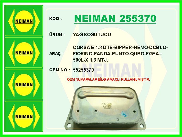 YAĞ SOĞUTUCU FIAT EGEA 16> 500L 12> DOBLO 15> FIORINO 16> ALFA ROMEO MİTO 09>18 1.3D MTJ EURO 6 | OEM:46339229-55255370-55283611