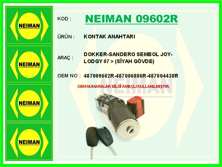 KONTAK ANAHTARI DOKKER-SANDERO SEMBOL JOY-LODGY 07 > SİYAH GÖVDE | OEM:487009602R-487006886R-487004438R