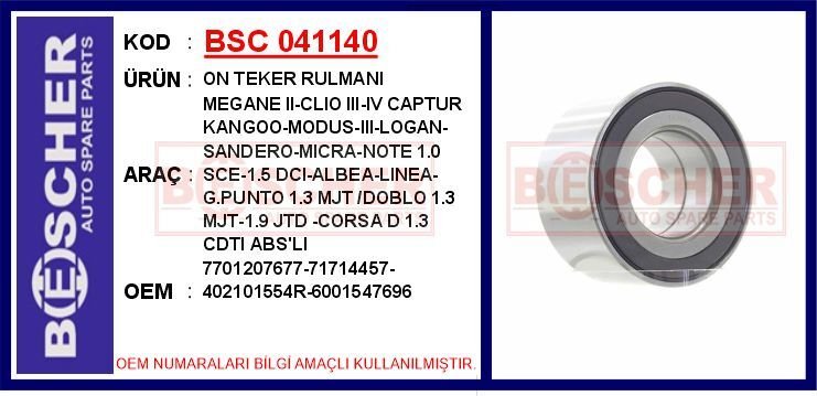 TEKER RULMANI ON RENAULT MEGANE CLIO CAPTUR KANGOO LOGAN SANDERO / MERCEDES CITAN W415 / NISSAN MIC RA K12 03-10 / NOTE E11 06-12 ABS LI | OEM:402104249R-A4153340700-7701207677