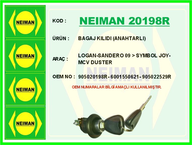BAGAJ KILIDI ANAHTARLI LOGAN-SANDERO 09 > SYMBOL JOY-MCV DUSTER | OEM:905020198R-6001550621-905022529R