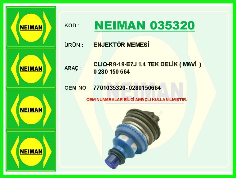 ENJEKTÖR MEMESİ CLIO-R9-19-E7J 1.4 TEK DELİK MAVİ 0 280 150 664 | OEM:7701035320-0280150664