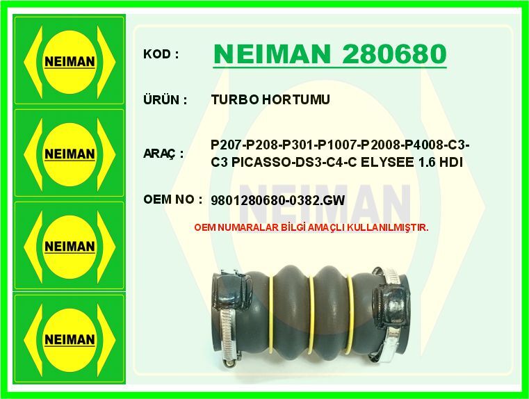 TURBO HORTUMU P207-P208-P301-P1007-P2008-P4008-C3-C3 PICASSO-DS3-C4-C ELYSEE 1.6 HDI | OEM:9801280680-0382.GW