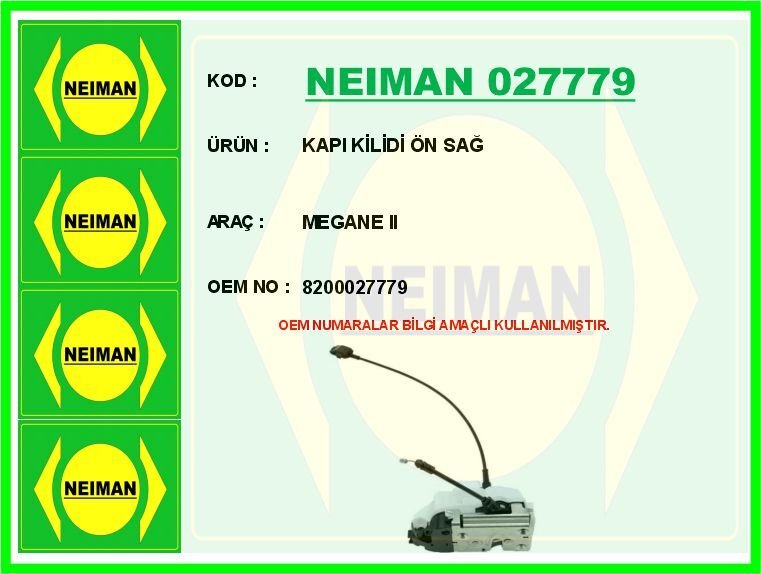 KAPI KİLİDİ ÖN SAĞ MEGANE II | OEM:8200027779