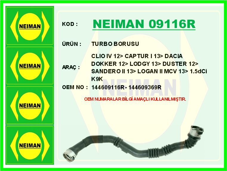 TURBO BORUSU RENAULT CLIO IV 12> CAPTUR I 13> DACIA DOKKER 12> LODGY 13> DUSTER 12> SANDERO II 13> L OGAN II MCV 13> 1.5dCi K9K | OEM:144609116R-144609369R-144604599R