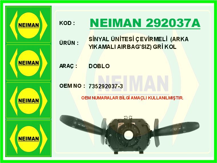 SİNYAL ÜNİTESİ ÇEVİRMELİ DOBLO ARKA YIKAMALI AIRBAG SIZ | OEM:735292037-3