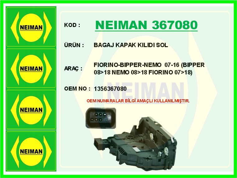 BAGAJ KAPAK KILIDI SOL FIORINO-BIPPER-NEMO 07-16 BIPPER 08>18 NEMO 08>18 FIORINO 07>18 | OEM:1356367080